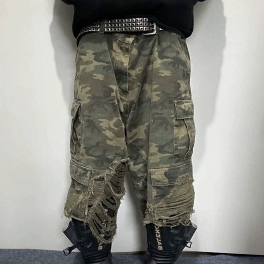 Washed Camouflage Distressed Half Pants WN19715