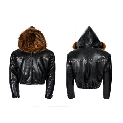 Snake Pattern Fake Fur Hooded Short PU Leather Jacket WN22161