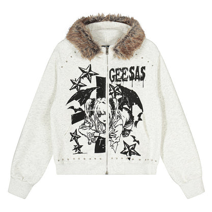 Fake Fur Collar Illustration Print Zip-Up Hoodie WN23577