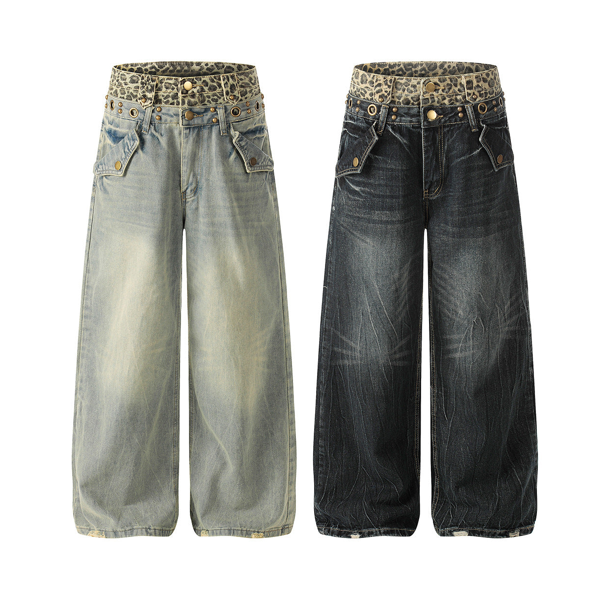 Leopard Waistband Washed Whisker Wide Leg Denim Jeans WN25566