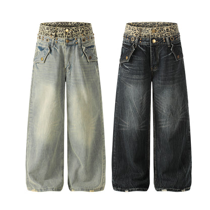 Leopard Waistband Washed Whisker Wide Leg Denim Jeans WN25566