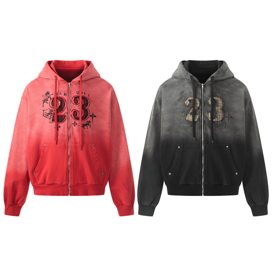 Gradient Number Print Zipper Hoodie WN25524