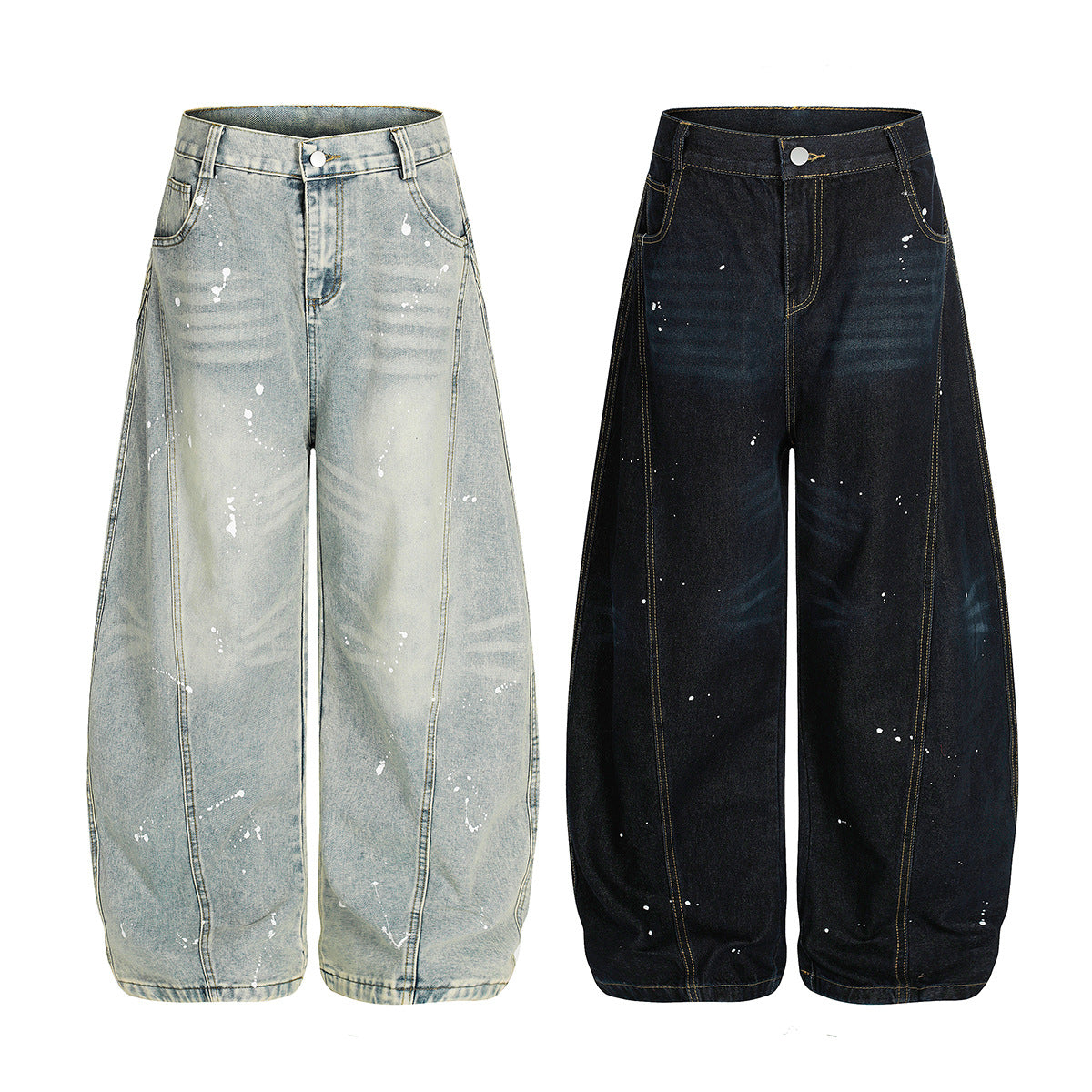 Ink Print Washed Wide Leg Curved Denim Jeans WN23030