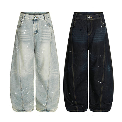 Ink Print Washed Wide Leg Curved Denim Jeans WN23030