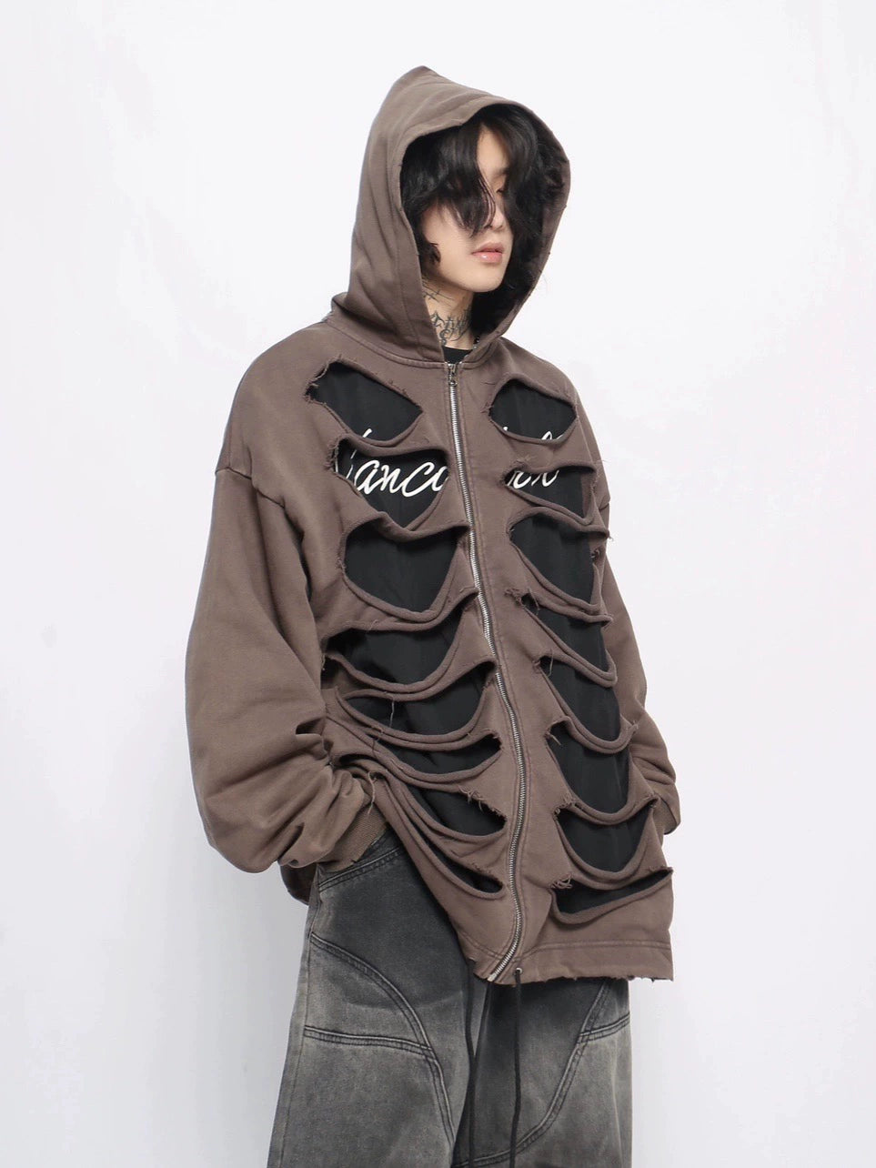 Hollow-Out Damage Design Zipper Hoodie WN10954