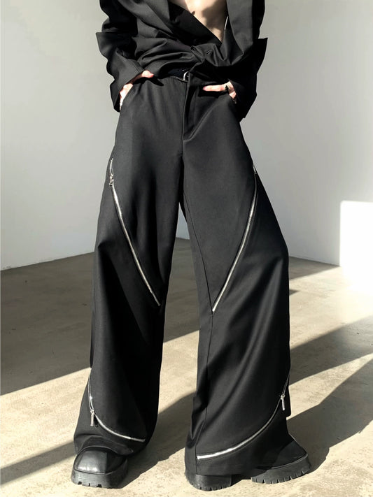 Metal Zipper Design Wide-Leg Straight Trousers WN9157