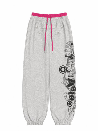 Double Waist Graphic Print Drawstring Wide Leg Sweatpants WN27194