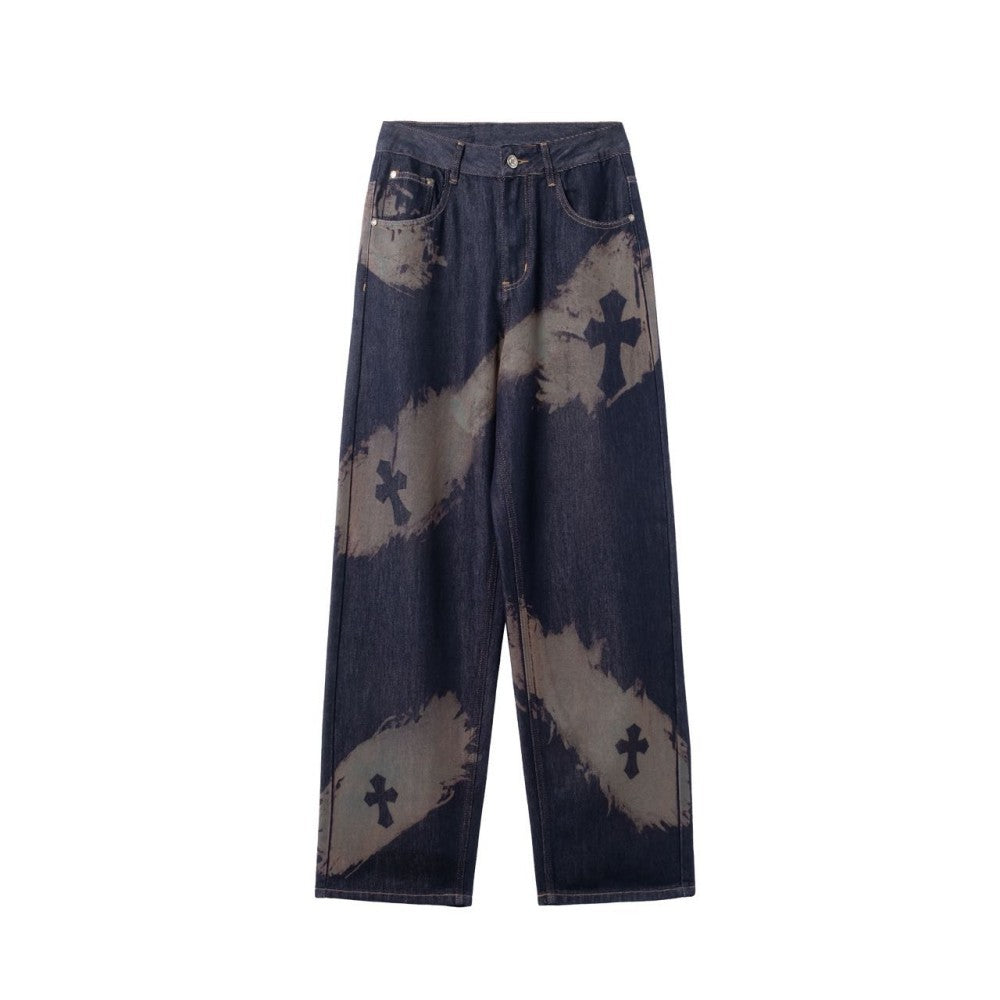 Cross Paint Graphic Wide Leg Denim Jeans WN27972
