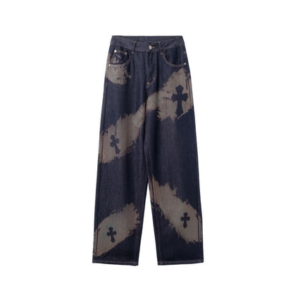Cross Paint Graphic Wide Leg Denim Jeans WN27972