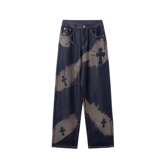 Cross Paint Graphic Wide Leg Denim Jeans WN27972