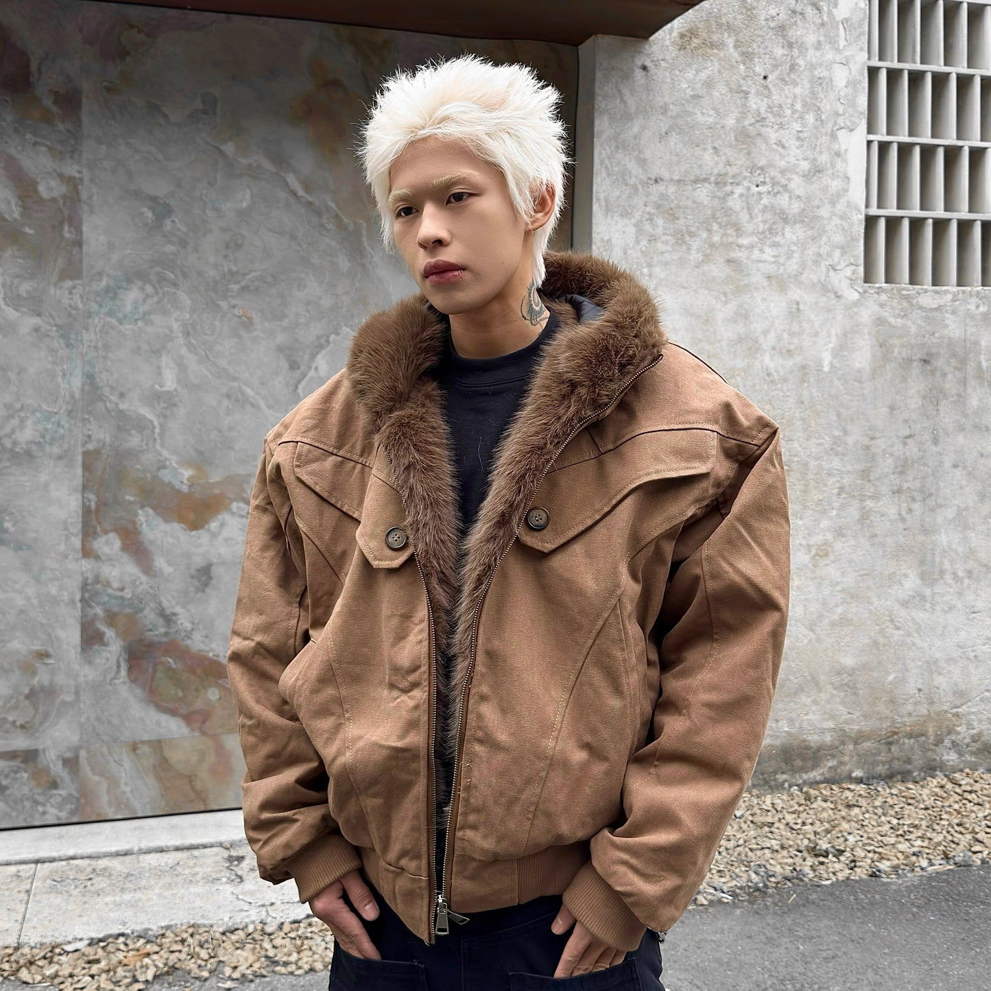 Armored Structured Hooded FakeFur-Collar Short Jacket WN22211