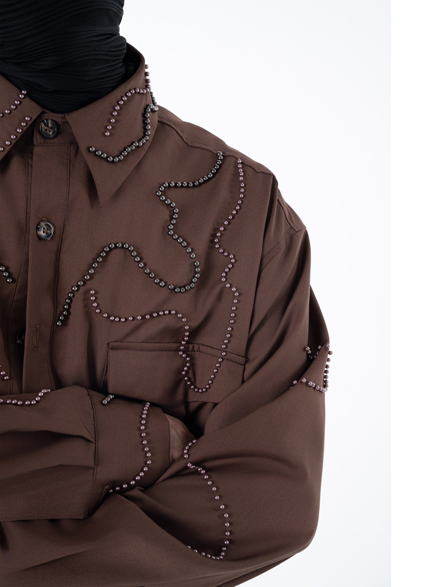 Studs Embroidery Pocket Design Long Sleeve Shirt WN23617