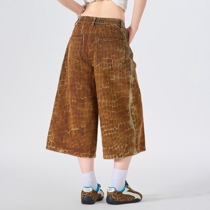 Reptile Print Wide Leg Denim Half Jeans WN28029