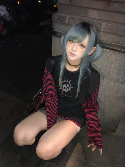 Art Print Stripe Splice Long Sleeve T-Shirt WN20898