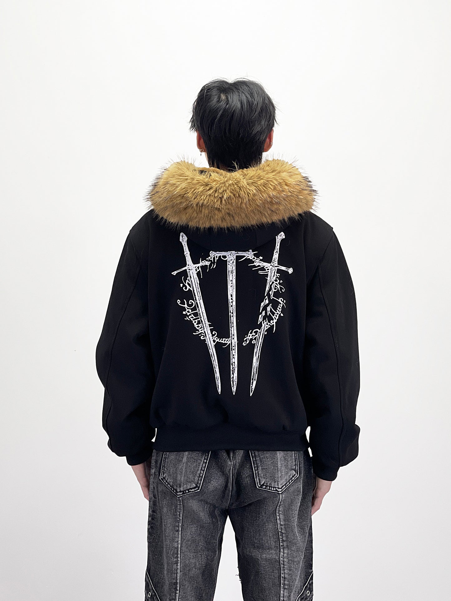 Detachable Fake Fur Collar Zipper Hooded Jacket WN24269