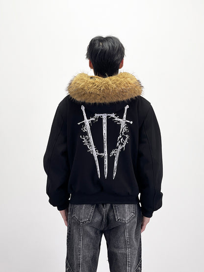 Detachable Fake Fur Collar Zipper Hooded Jacket WN24269
