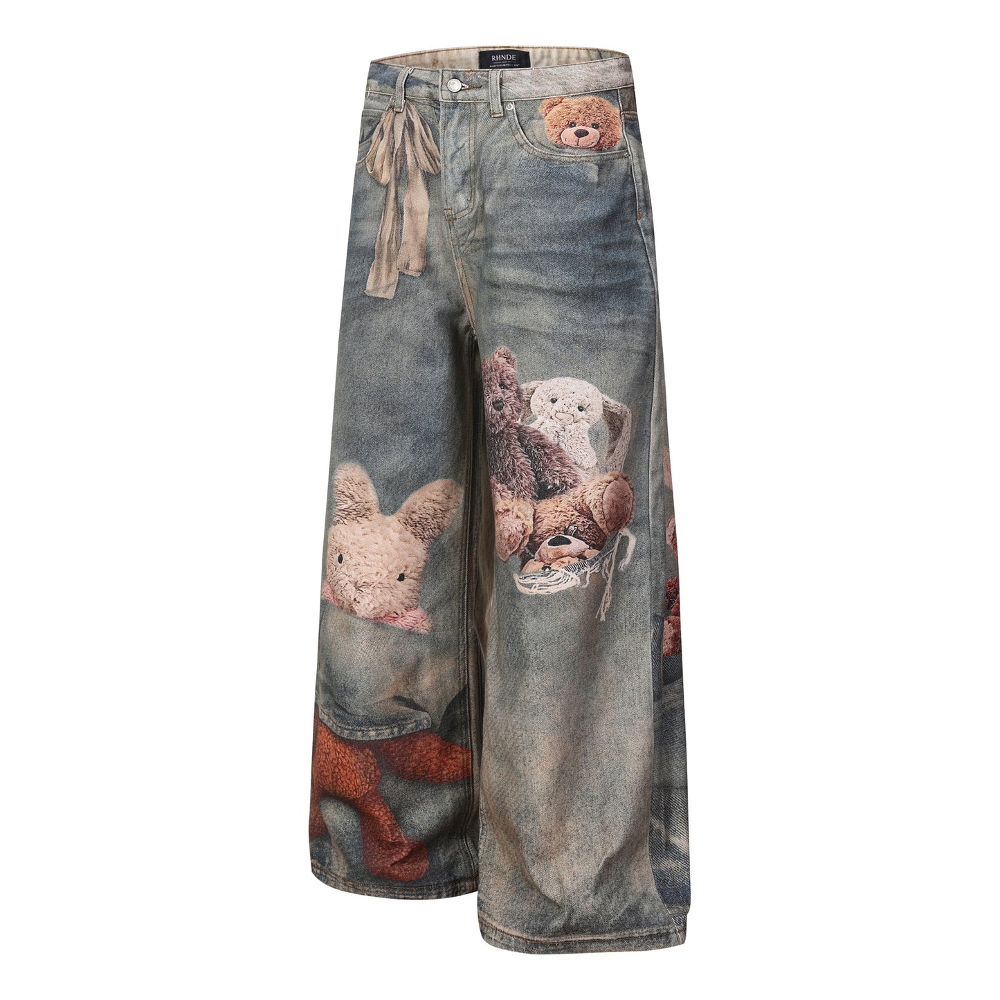 Washed 3D Graphic Print Wide Leg Denim Jeans WN26139