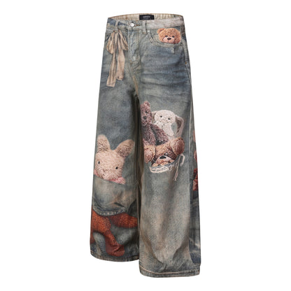 Washed 3D Graphic Print Wide Leg Denim Jeans WN26139
