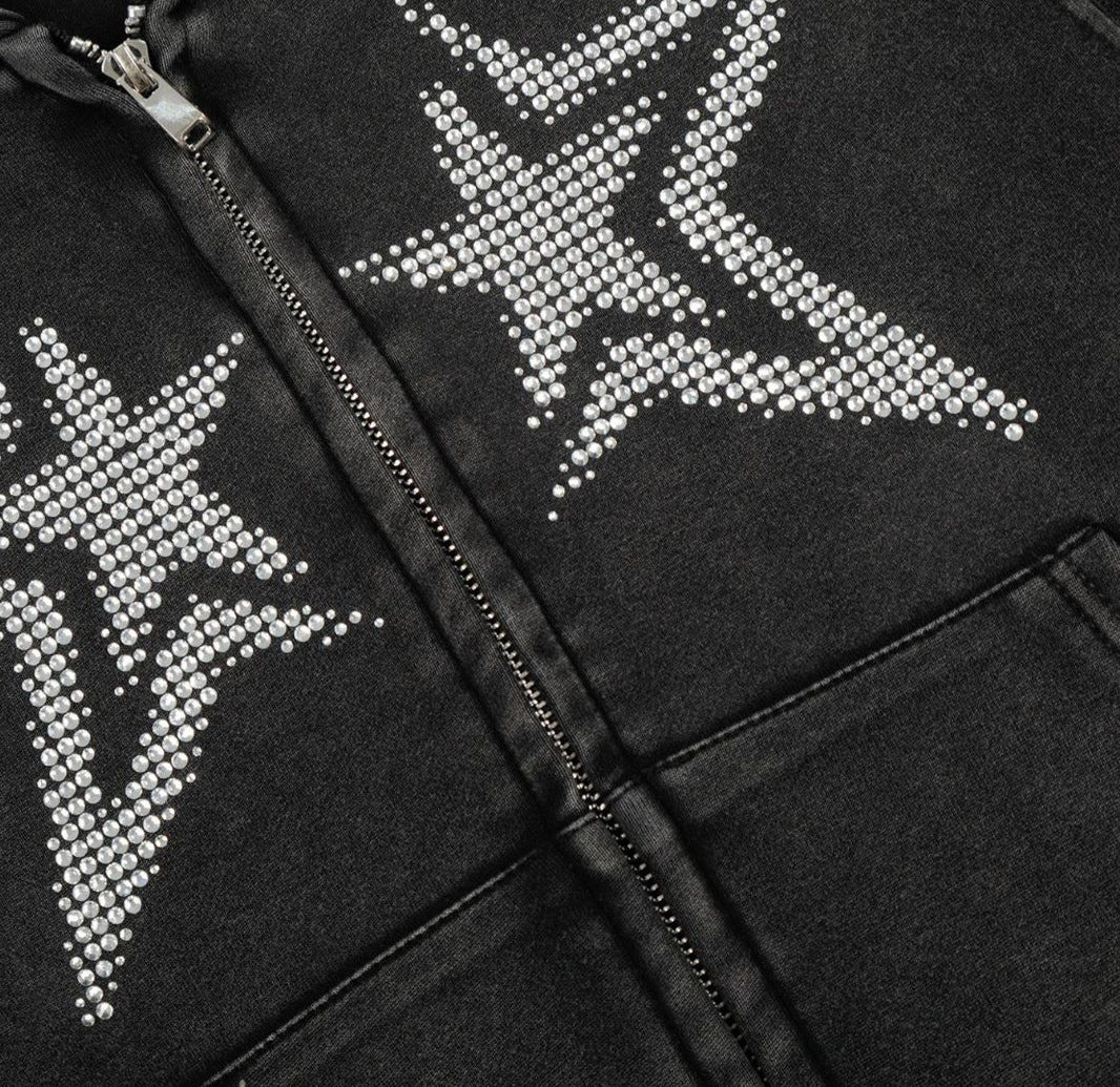 Star Rhinestone Washed Zipper Hoodie WN23580