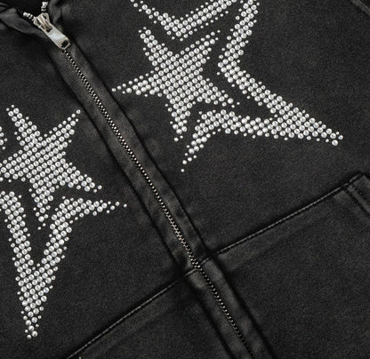 Star Rhinestone Washed Zipper Hoodie WN23580