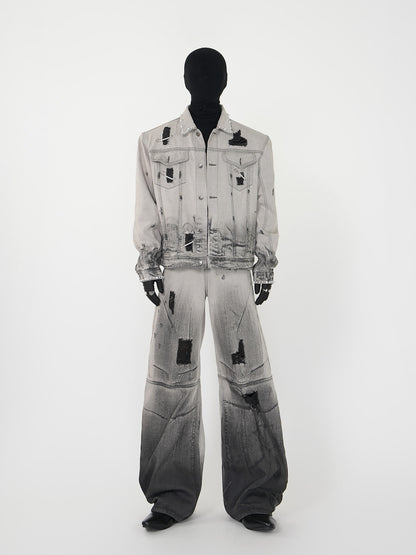 With Tide Belt Heavy Damage Wash Curved Wide Leg Denim Jeans WN24144