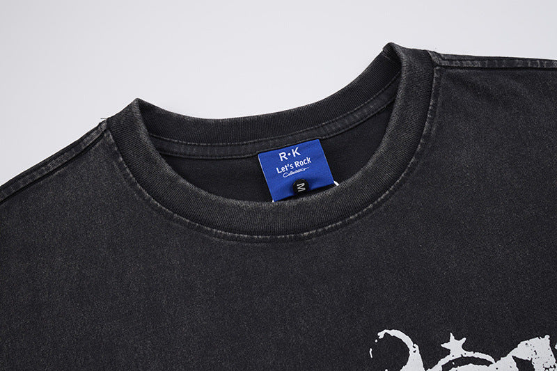 Washed Portrait Letter Print Short Sleeve T-Shirt WN25387