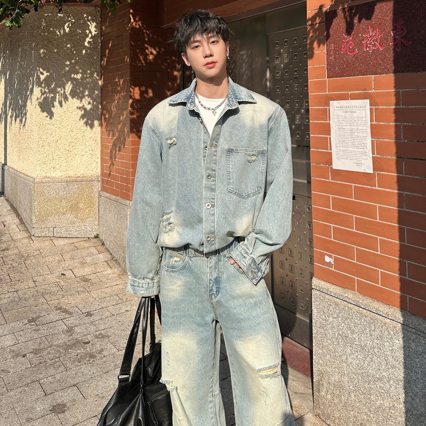 Damage Denim Jacket & Wide Leg Denim Jeans Setup WN25359