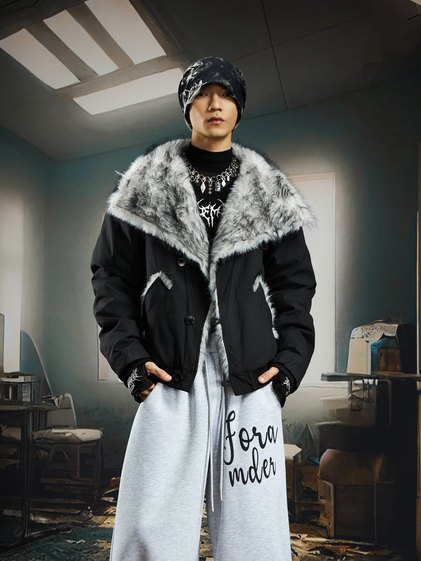 Damage Dye Fake Fur Lapel Puffer Jacket WN22764