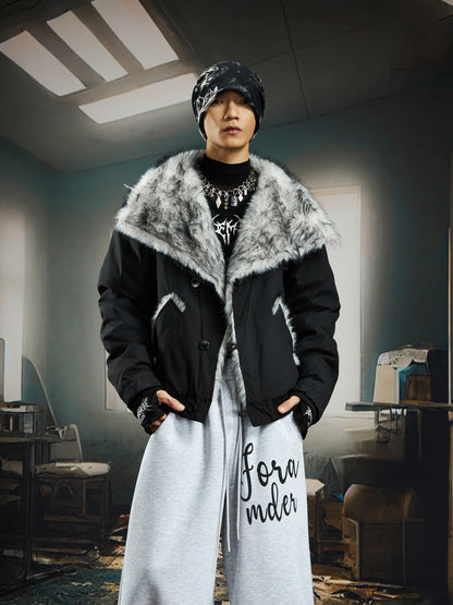 Damage Dye Fake Fur Lapel Puffer Jacket WN22764
