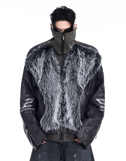 PU Leather And Fur Panel High-Neck Jacket WN10219