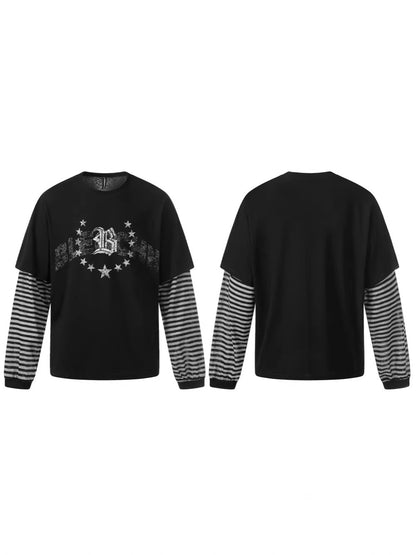 Fake Layered Stripe Graphic Long Sleeve T-Shirt WN28013