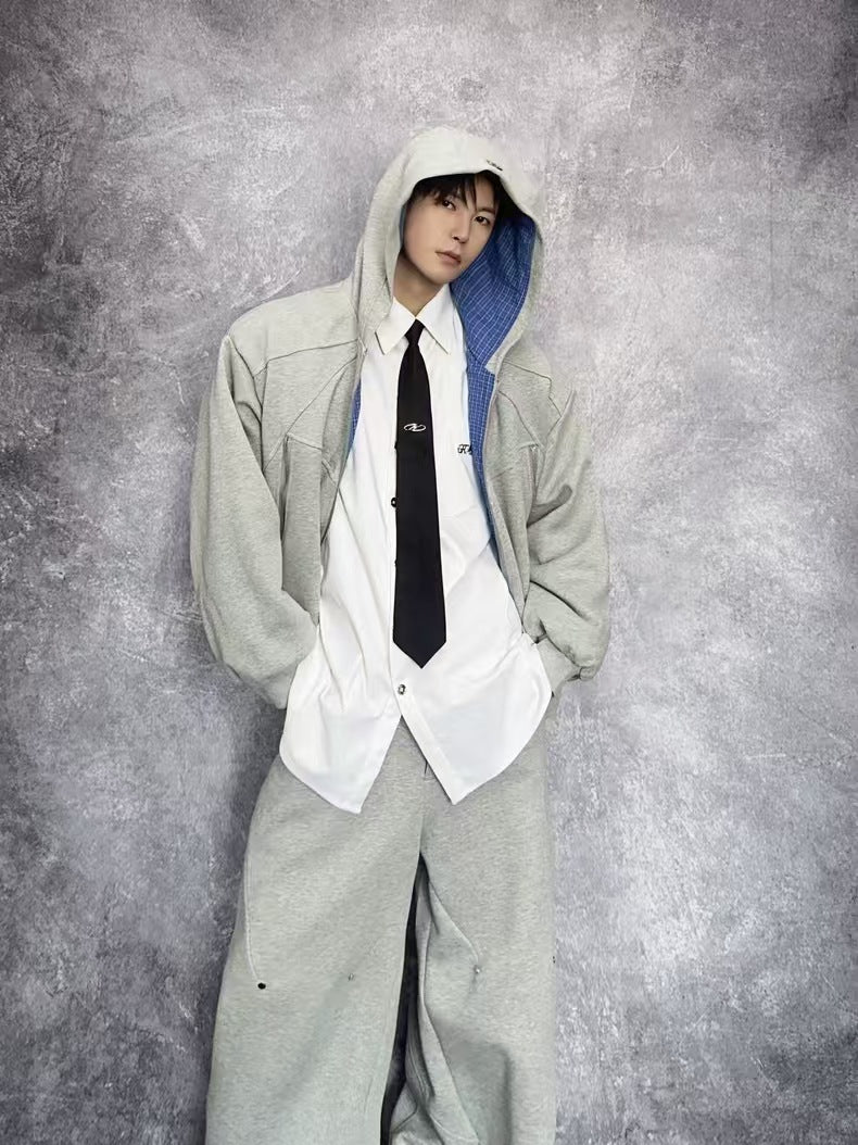 Deconstructed Structured Heavyweight Hooded Jacket & Wide Leg Pants Setup WN27845