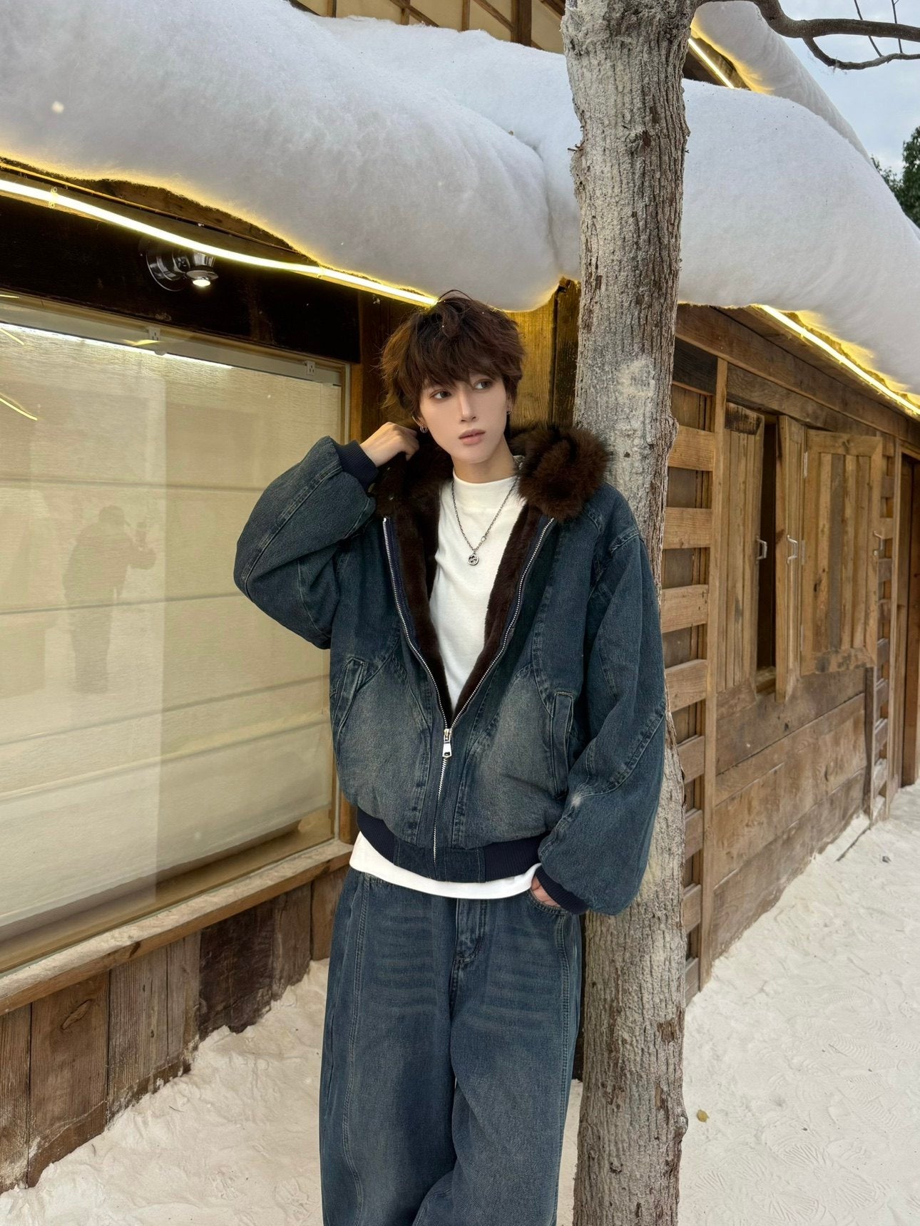 Fake Fur Collar Hooded Denim Jacket & Wide Leg Denim Jeans Setup WN23190