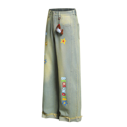 Cartoon Embroidery Wide Leg Denim Jeans WN26969