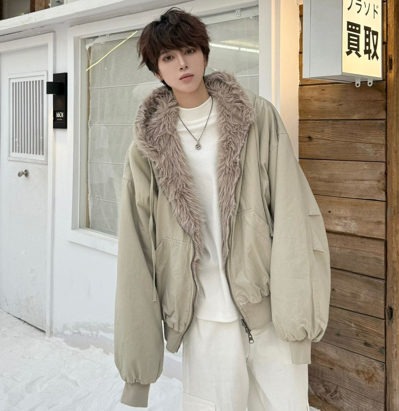 Hooded Fake Fur Collar Two-Way Wear Jacket WN23192