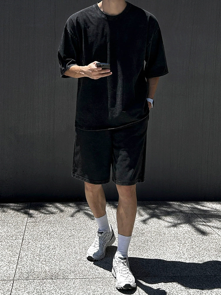 Washed Oversize Short Sleeve T-Shirt & Washed Straight Half Pants Setup WN20291