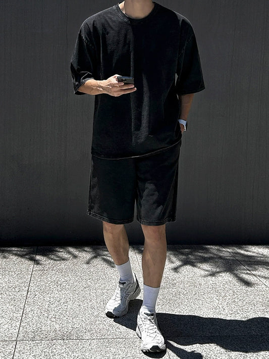 Washed Oversize Short Sleeve T-Shirt & Washed Straight Half Pants Setup WN20291