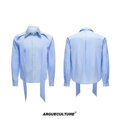 Rhinestone Neckline Ribbon Colorblock Long Sleeve Shirt WN20532