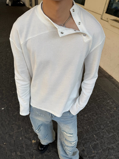Asymmetric Button Waffle Long Sleeve T-Shirt WN25212