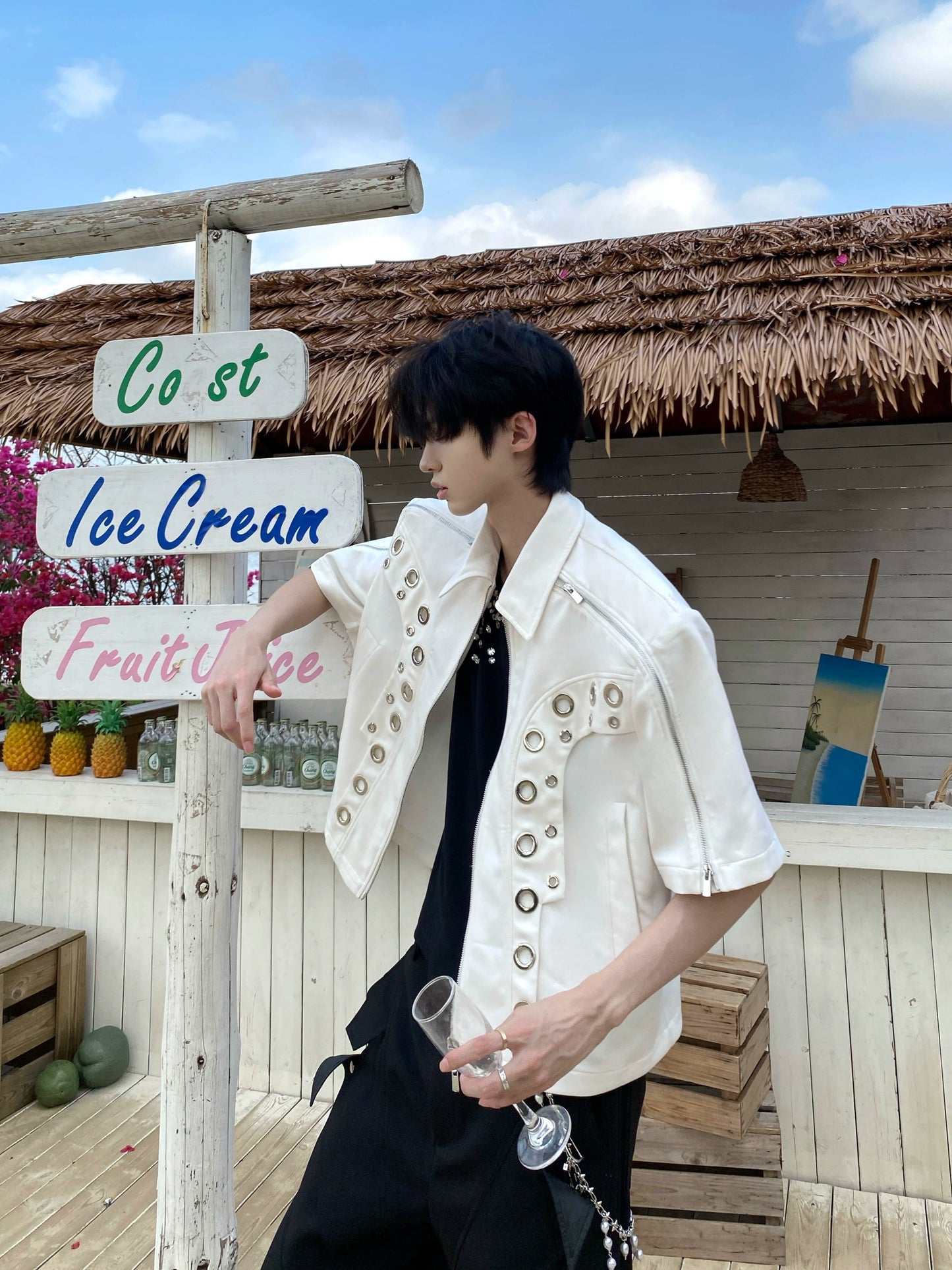 Metal Hollow Shoulder-Pad Zipper Jacket WN20739