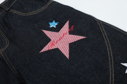 Star Patch Embroidery Denim Wide Leg Half Pants WN25693