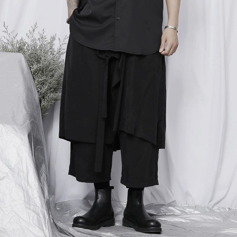 WN20142 China-Chic Brand Large Size Cropped Pants Men ins Retro Casual Asymmetrical Wide Leg Pants Draping Cropped Skirt Pants WN20142