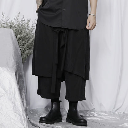 WN20142 China-Chic Brand Large Size Cropped Pants Men ins Retro Casual Asymmetrical Wide Leg Pants Draping Cropped Skirt Pants WN20142