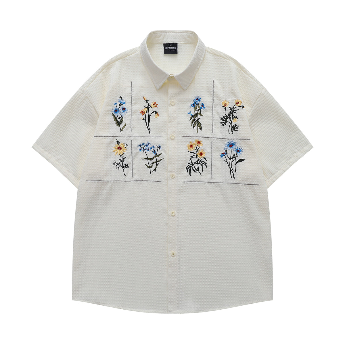 Flower Embroidery Waffle Short Sleeve Shirt WN26913