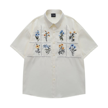 Flower Embroidery Waffle Short Sleeve Shirt WN26913