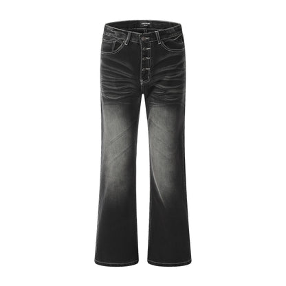 Washed Whisker Button Design Micro Flare Denim Jeans WN8195