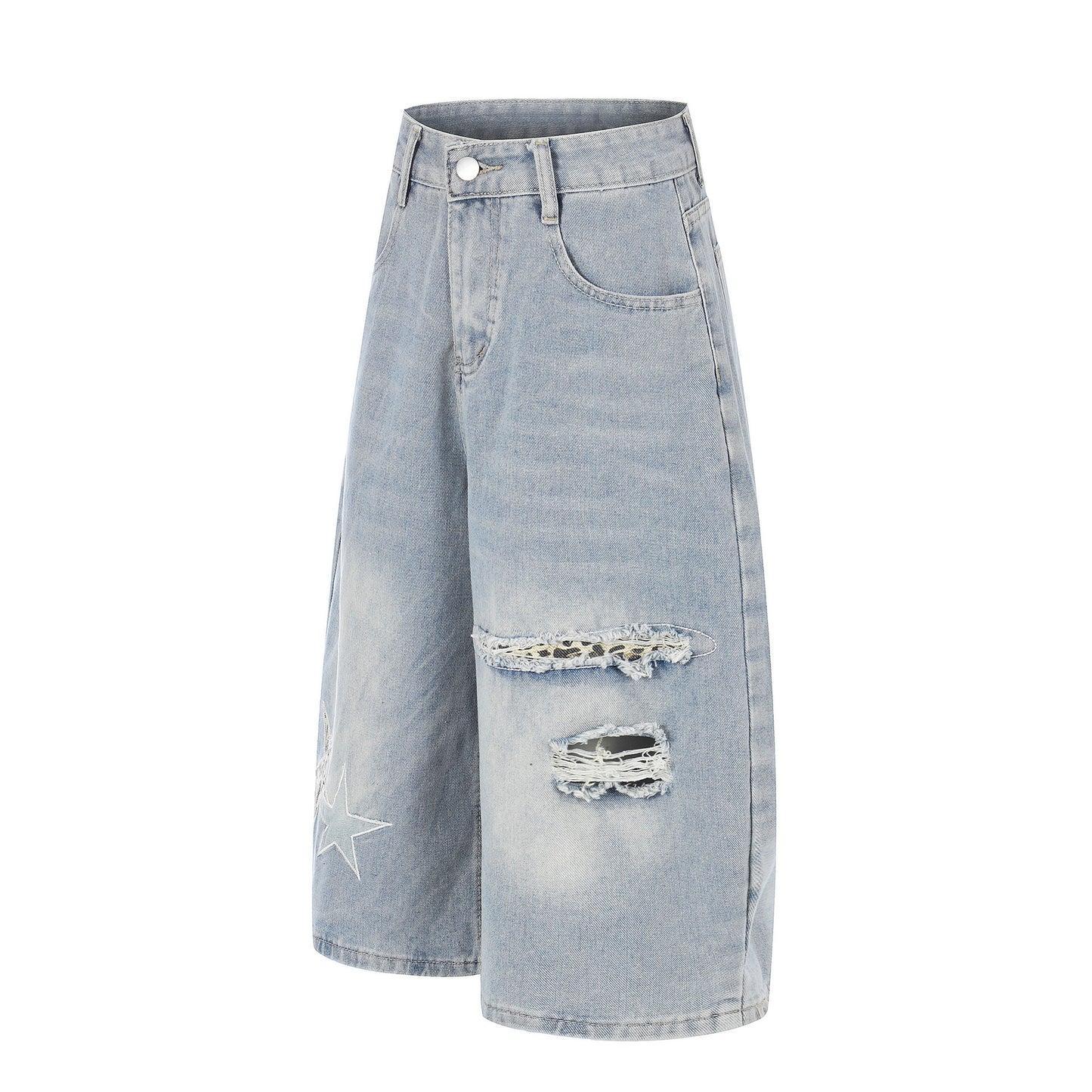 Star Patch Embroidery Curved Denim Half Pants WN25717
