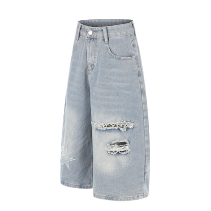Star Patch Embroidery Curved Denim Half Pants WN25717