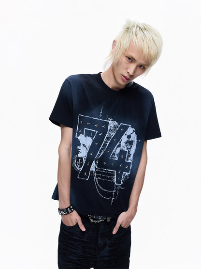 Washed Spray Paint Stud Print Short Sleeve T-Shirt WN27355