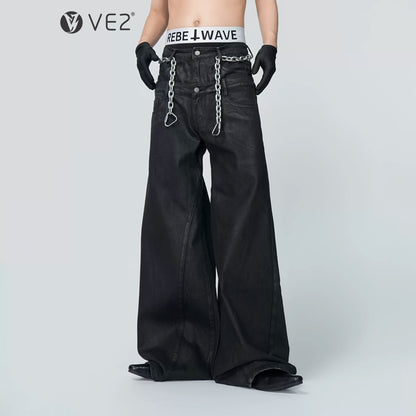 Wax Coated Short Denim Jacket & Wax Coated Wide Leg Denim Jeans Setup WN24302